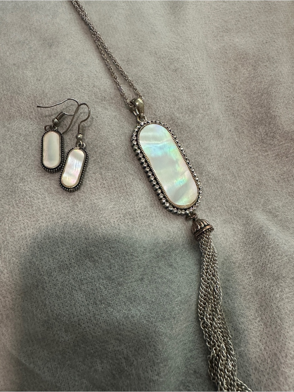 Faux Mother of Pearl Silver-Tone Pendant Necklace and Earrings Set
